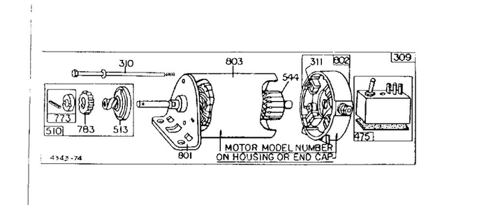 Motor And Drive Assembly Diagram and Parts List for 170400-170499 0010 - 0075 Briggs and Stratton Engine
